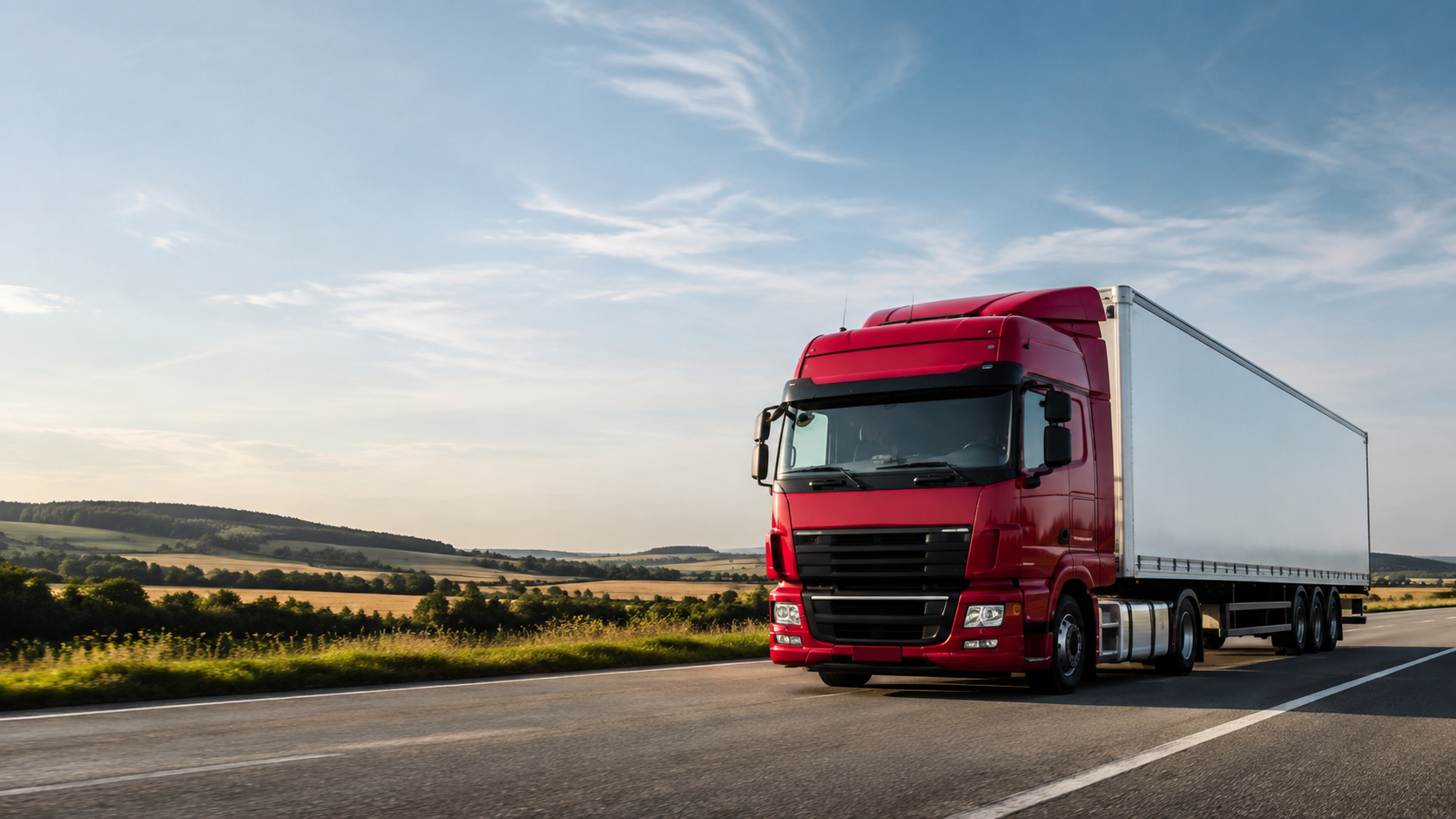 Illustrative red articulated lorry transporting goods